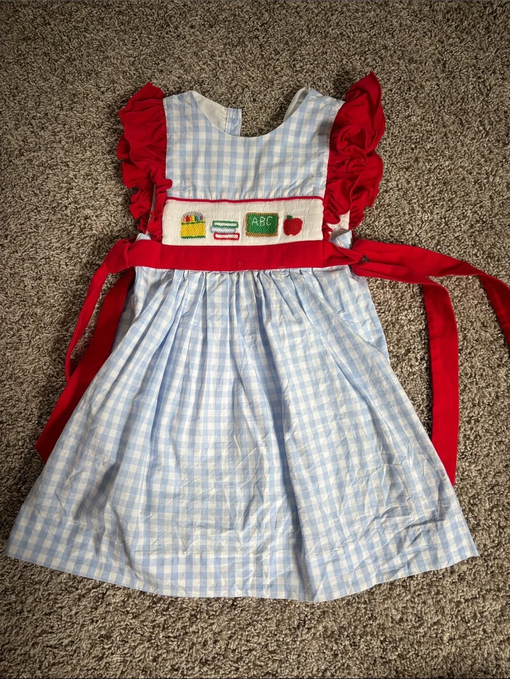 Girls' Light Blue Gingham Dress with Red Ruffle Accents